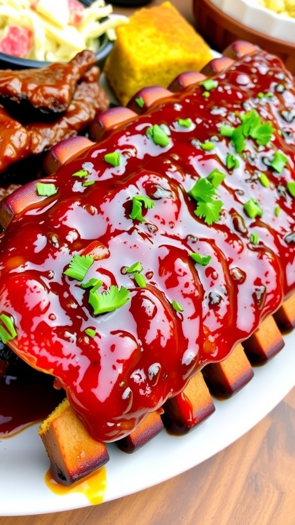 Sticky and Tender Barbecue Ribs Recipe A plate of sticky barbecue ribs glazed with sauce, garnished with parsley, served with coleslaw and cornbread.
